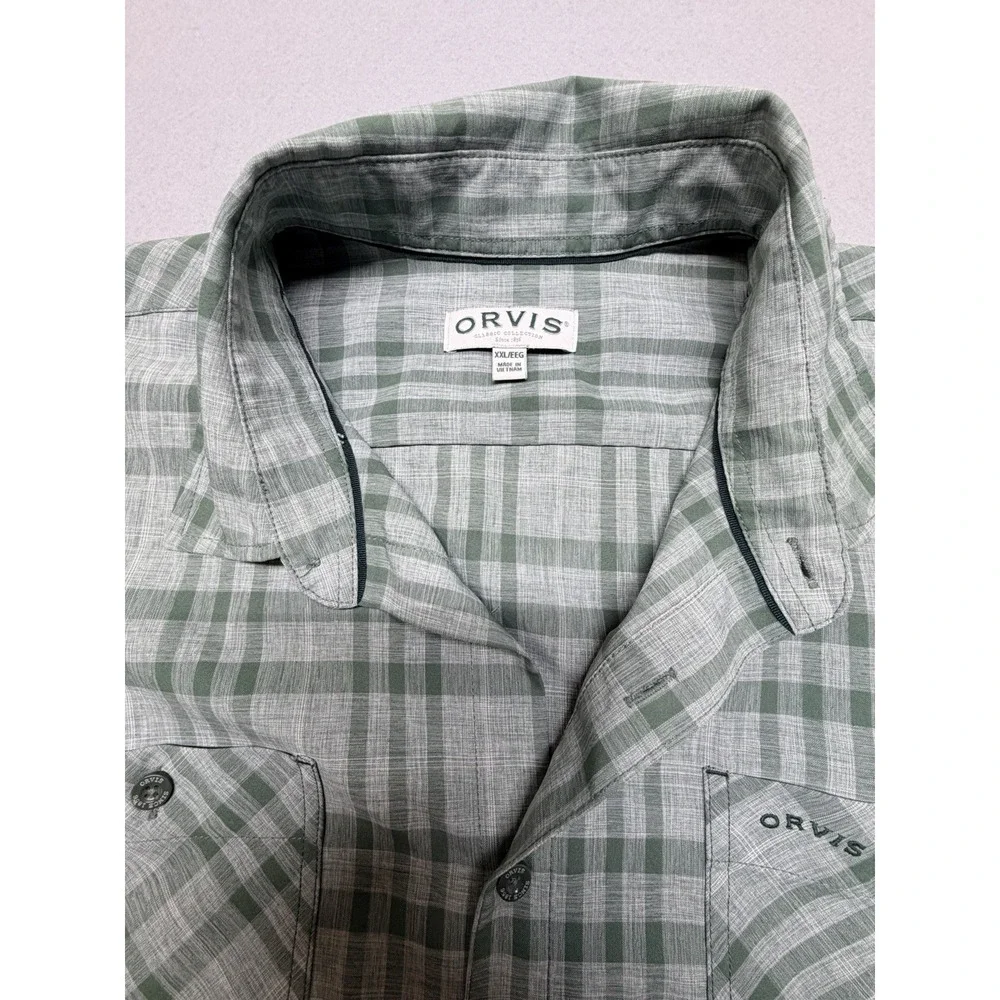 Orvis Shirt Mens XXL Green Plaid Button Up Short Sleeve Casual Outdoor‎